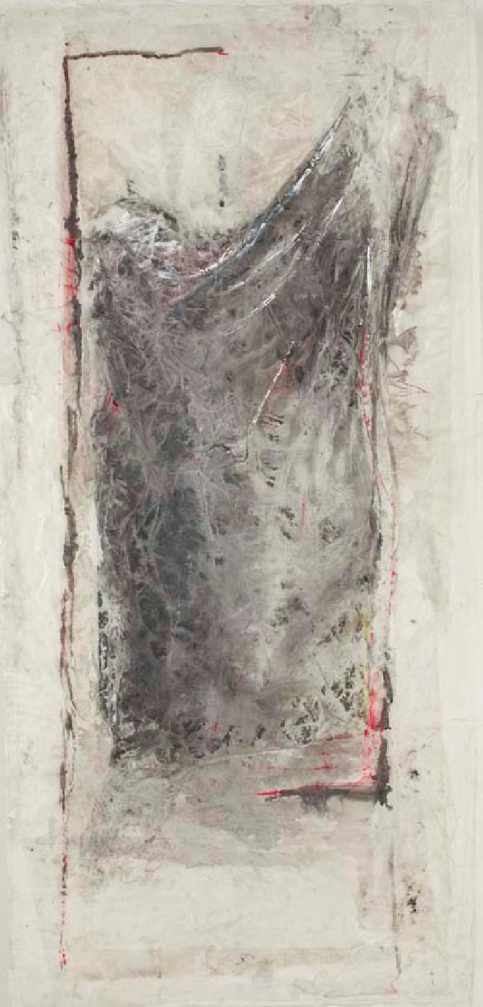 Seuil aux plis 2003, India and printing ink, acrylic, plastic, japanese paper, on sheet, mounted on canvas, plastic, 156x 66cm. 